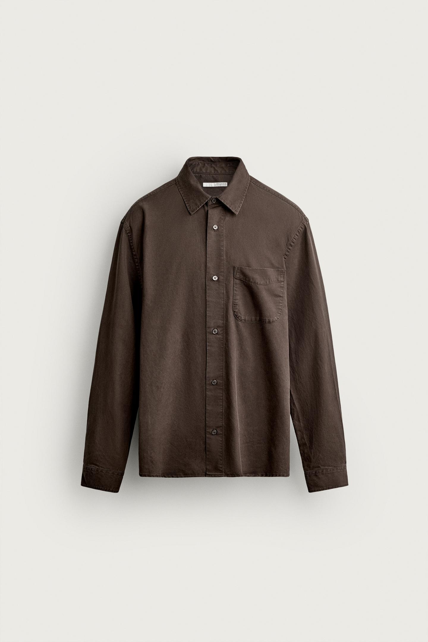 Мужская рубашка Zara Lyocell-Cotton Regular Fit, цвет: Тёмный коричневый — фото 6