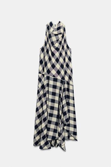 Zara PLAID HALTER DRESS ZW COLLECTION - Navy / White