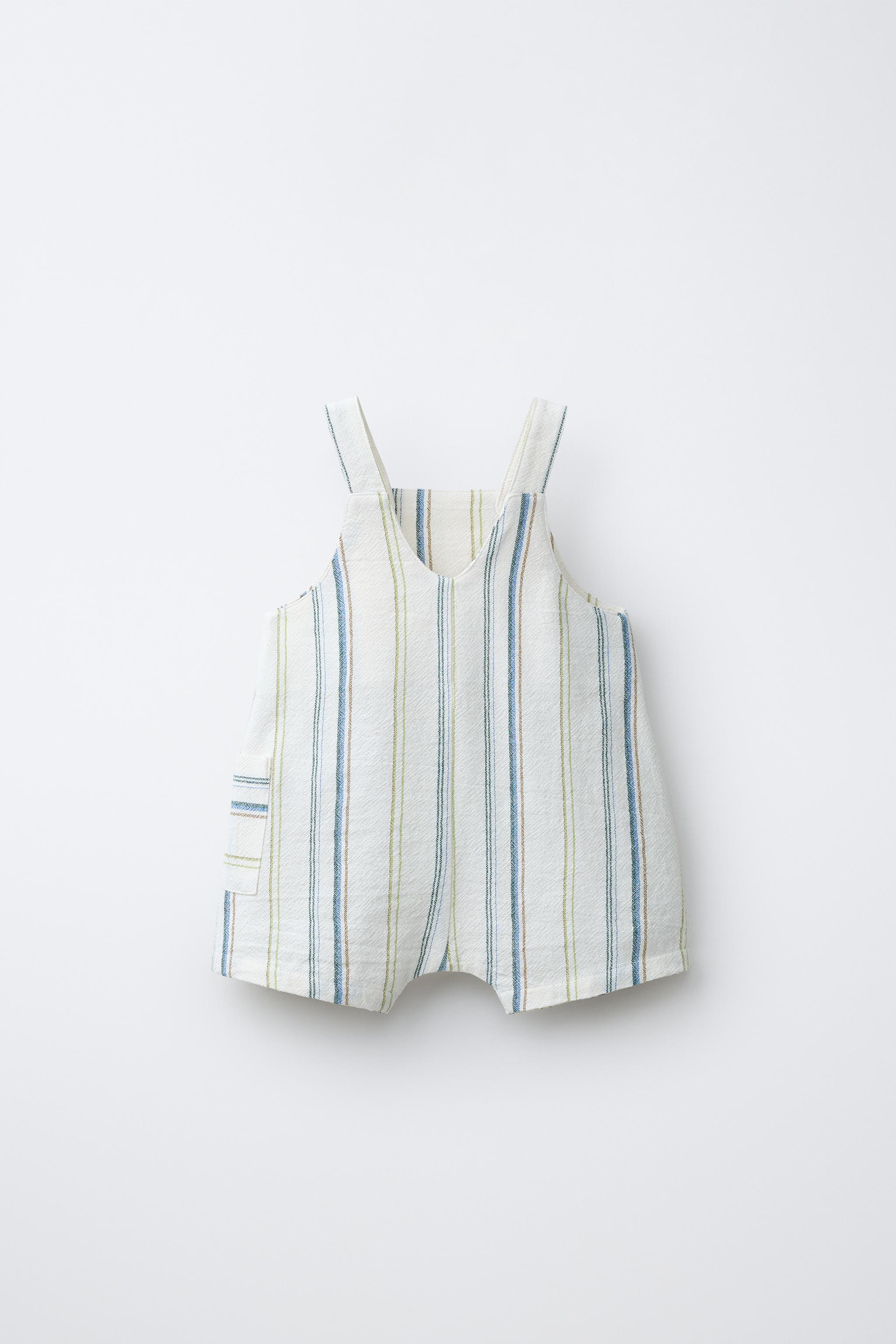 STRIPED OVERALL SHORTS — Ecru