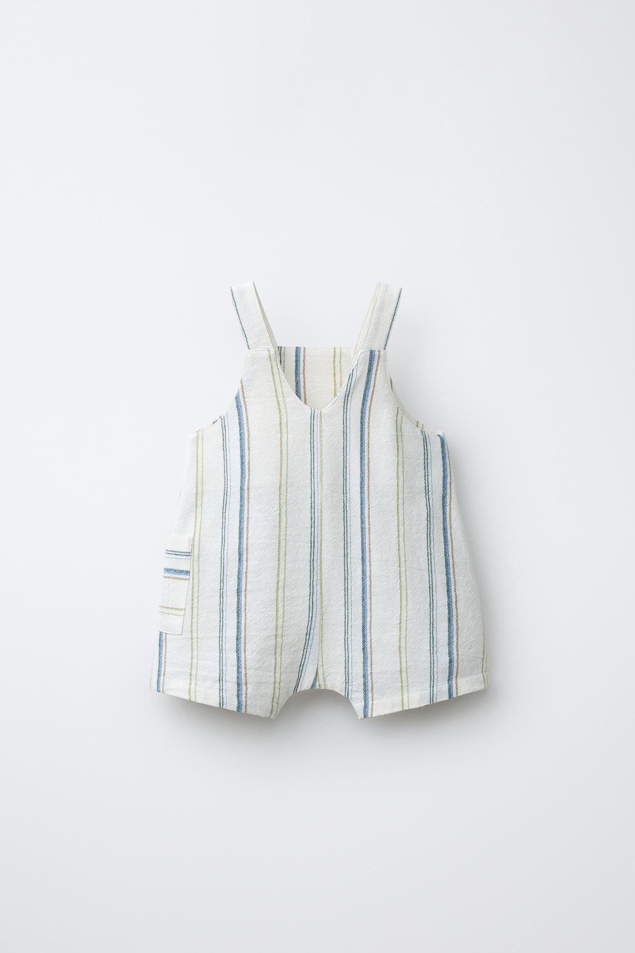STRIPED OVERALL SHORTS — Ecru