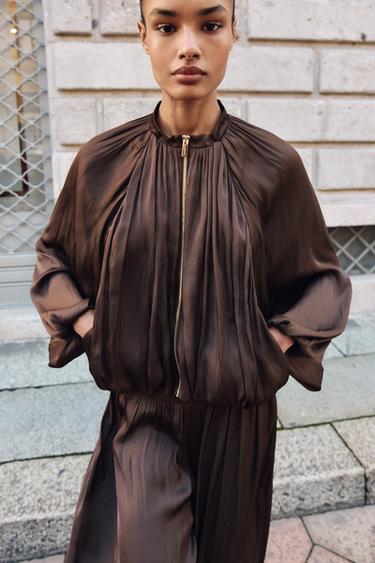 BLOUSON BOMBER SATINÉ MANCHES BALLON - Marron de Zara - Image 1