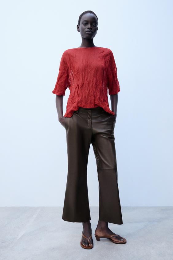 PANTALÓN PIEL FLARE ZW COLLECTION - Marrón de Zara - Imagen 0