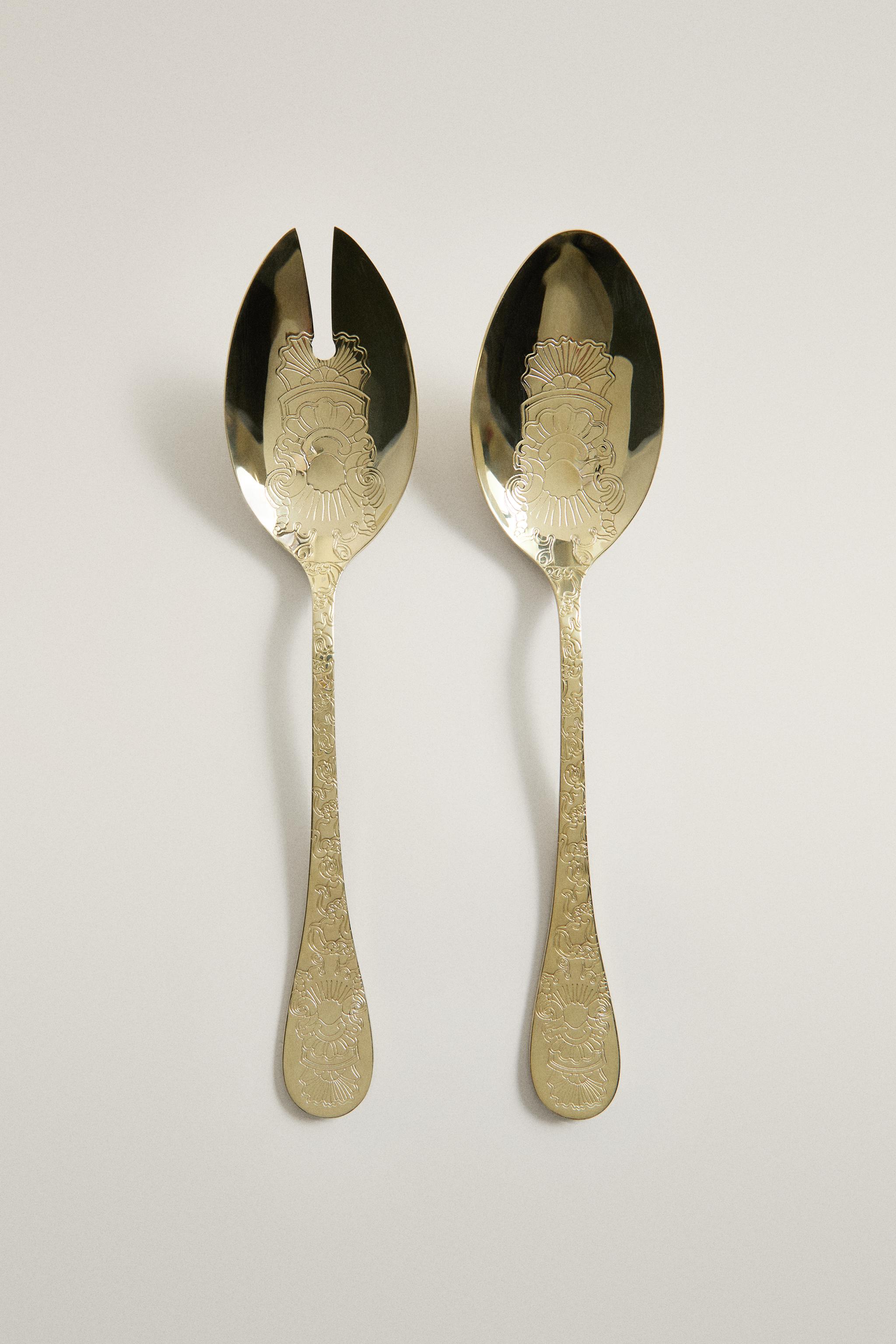 ENGRAVED STEEL SALAD FLATWARE SET (SET OF 2) - Soft gold | ZARA