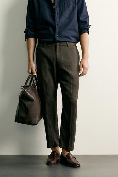 100% LINEN REGULAR FIT TROUSERS - Brown by Zara