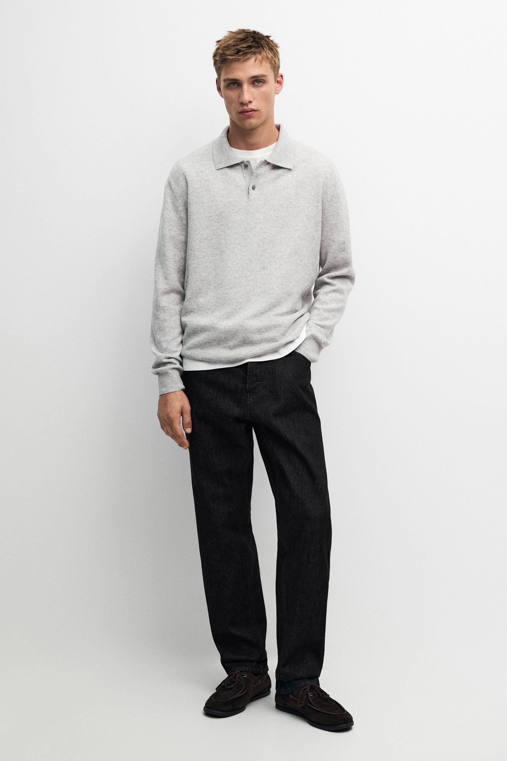 Wool blend knit polo sweater — Gray marl