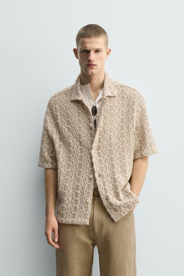 Zara CROCHET TEXTURED SHIRT - taupe brown
