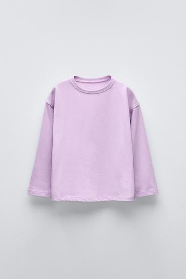 Zara T-shirt with round neck and long sleeves. Label appliqué at back hem. - Mauve - Image 0