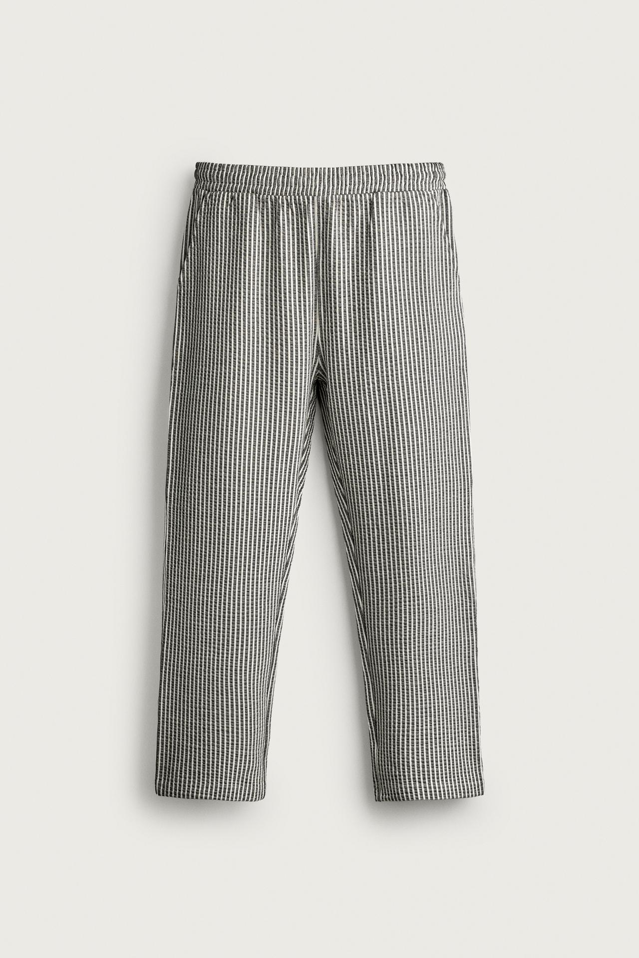 CONTRAST SEERSUCKER RELAXED FIT PANTS — Ecru / Navy