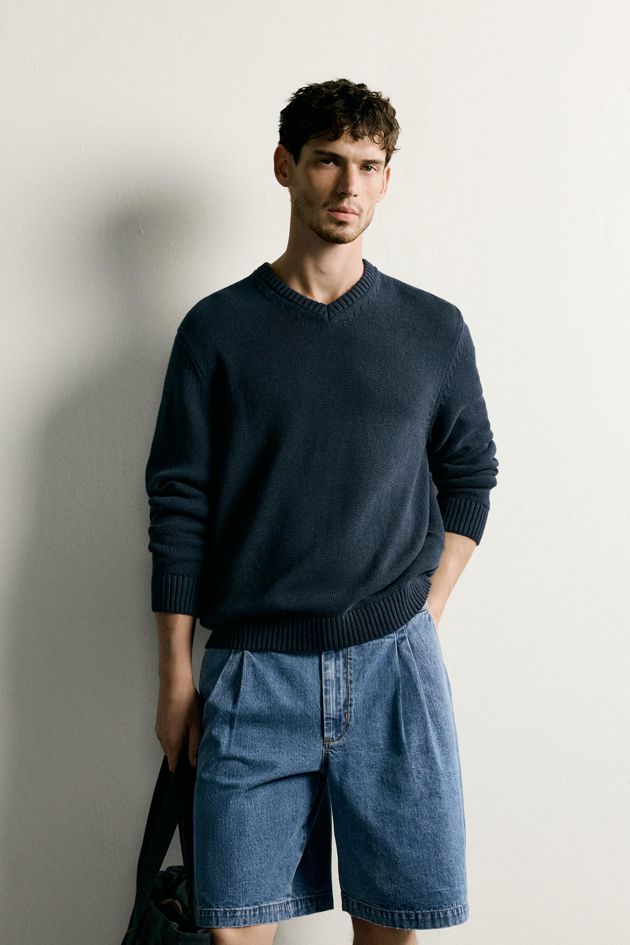 COTTON-LINEN REGULAR FIT SWEATER — Navy blue