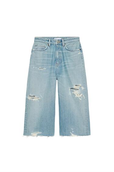 MID-WAIST RIPPED BAGGY DENIM JORTS - Light blue by Zara