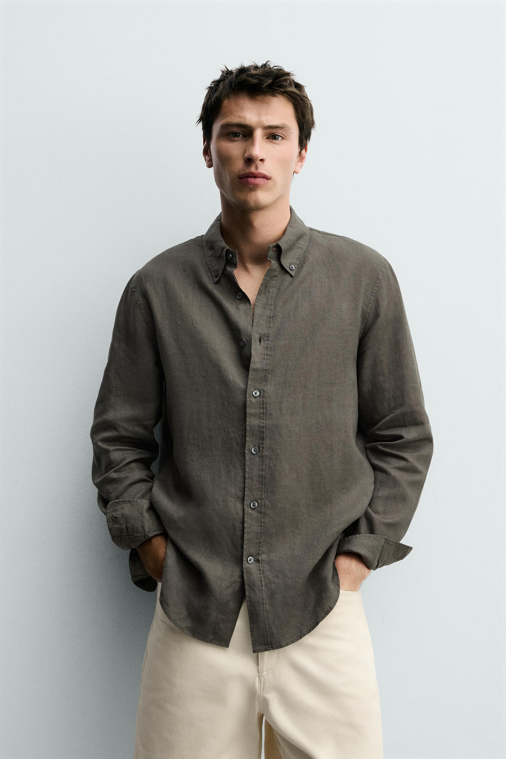 100% LINEN REGULAR FIT SHIRT — Dark khaki