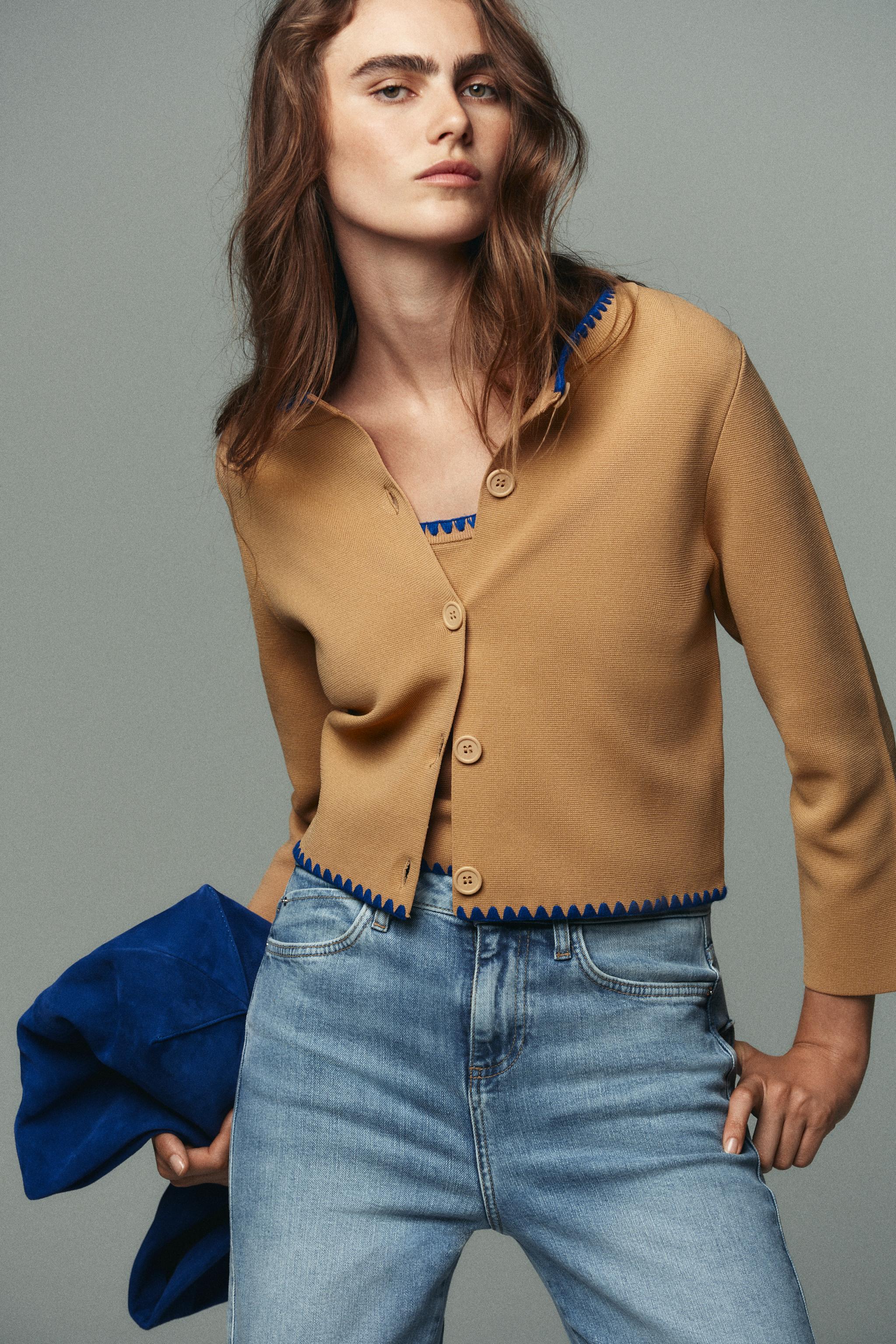 Jeans Zara Camel Sweater CARDIGAN WITH CONTRAST EMBROIDERY Mid