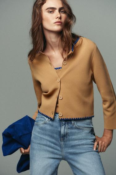 Zara CONTRAST EMBROIDERY KNIT CARDIGAN - Mid-camel - Image 0