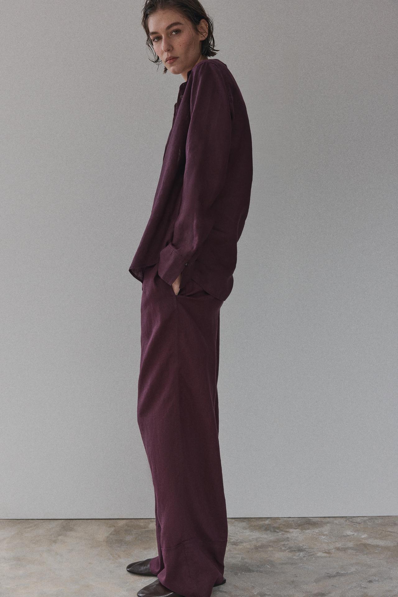 Zara 100% LINEN PALAZZO PANTS ZW COLLECTION - Maroon