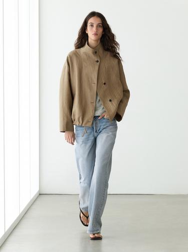 Chaqueta tipo bomber rayas mezcla lino - Khaki claro de Zara - Imagen 0
