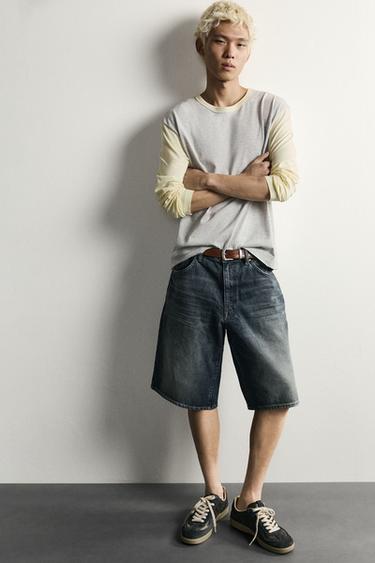 BAGGY FIT LEATHER POCKET DENIM BERMUDA SHORTS - Blue by Zara