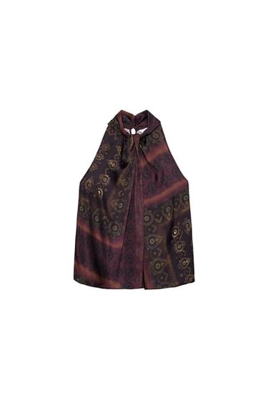 Zara PRINTED HALTER TOP - Burgundy