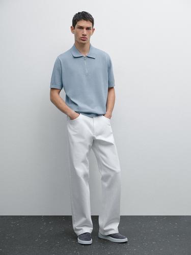 Polo punto cuello cremallera algodón - Celeste de Zara