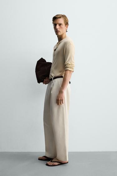 T-SHIRT COL TUNISIEN VISCOSE ET LIN - Beige de Zara - Image 3