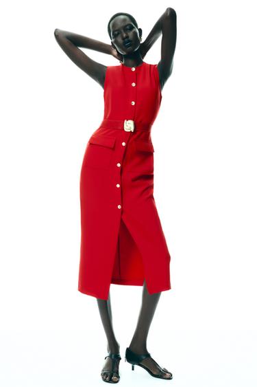 VESTIDO MIDI CREPE CINTURÓN - Rojo de Zara