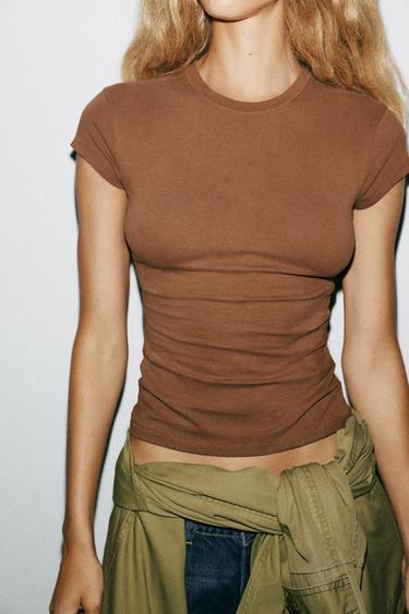 Zara SLIM FIT SHORT SLEEVE T-SHIRT - Brown