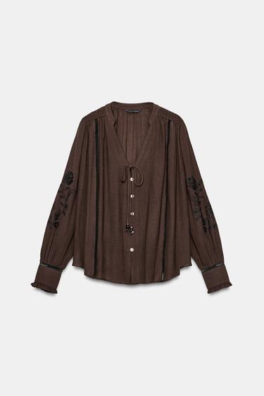 EMBROIDERED LACE TRIM SHIRT - Brown by Zara - Image 6