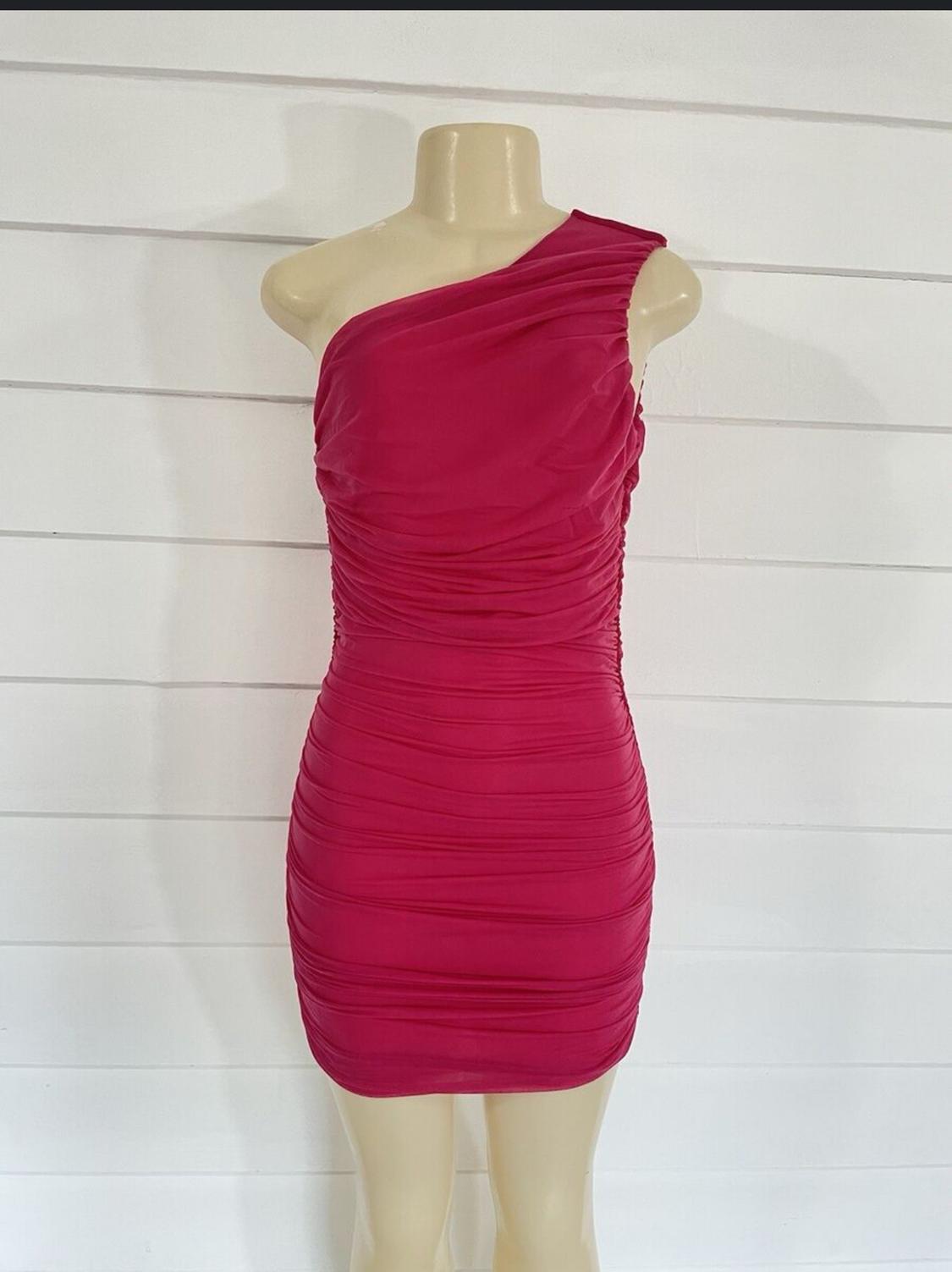 Front view of a fuchsia one-shoulder dress with vertical ruching.