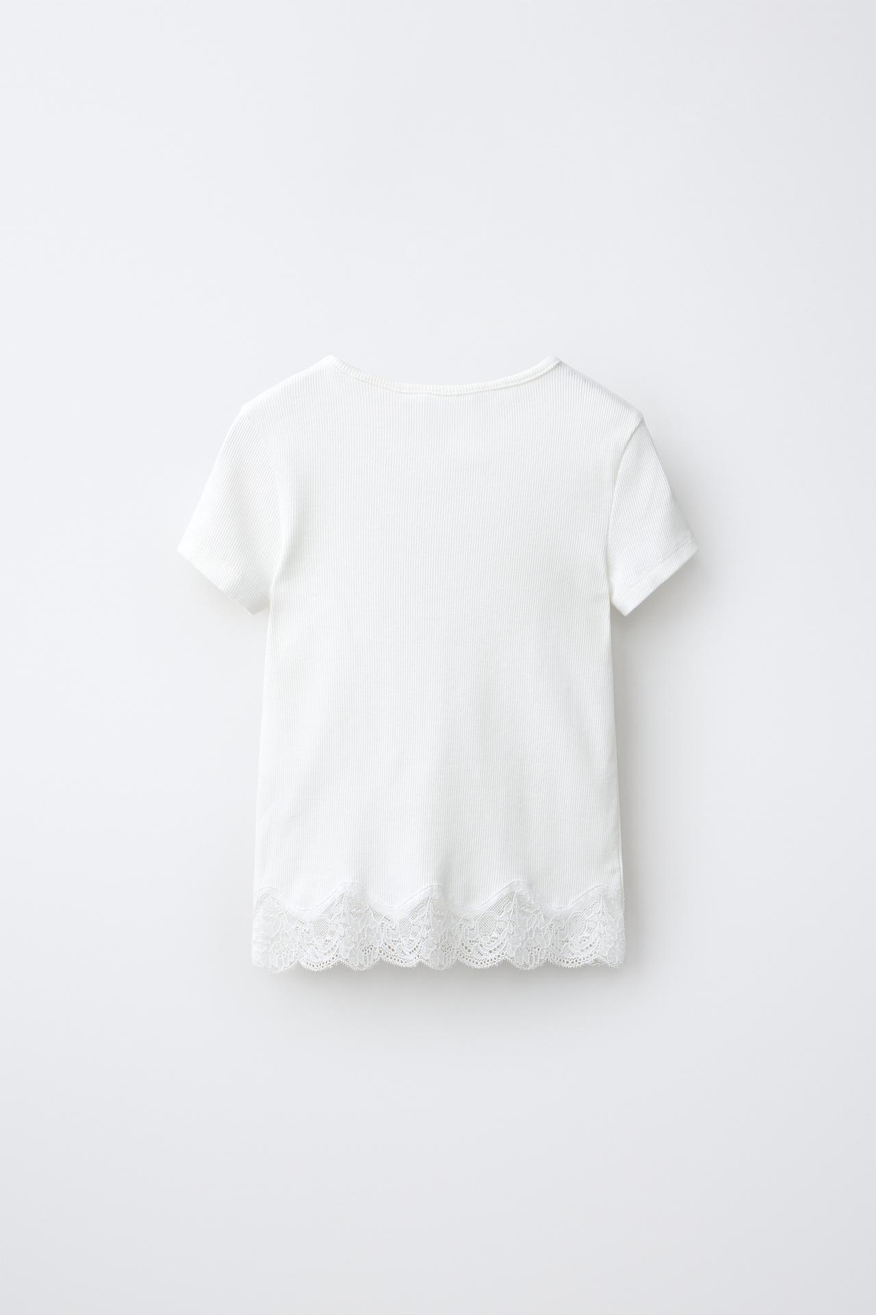 RIBBED LACE T-SHIRT — Oyster-white