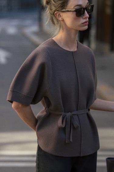 Zara PUFF SLEEVE KNIT SWEATER - Brown