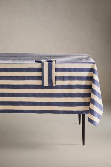 TABLECLOTH WITH DYED THREAD STRIPES - Ecru / Blue by Zara