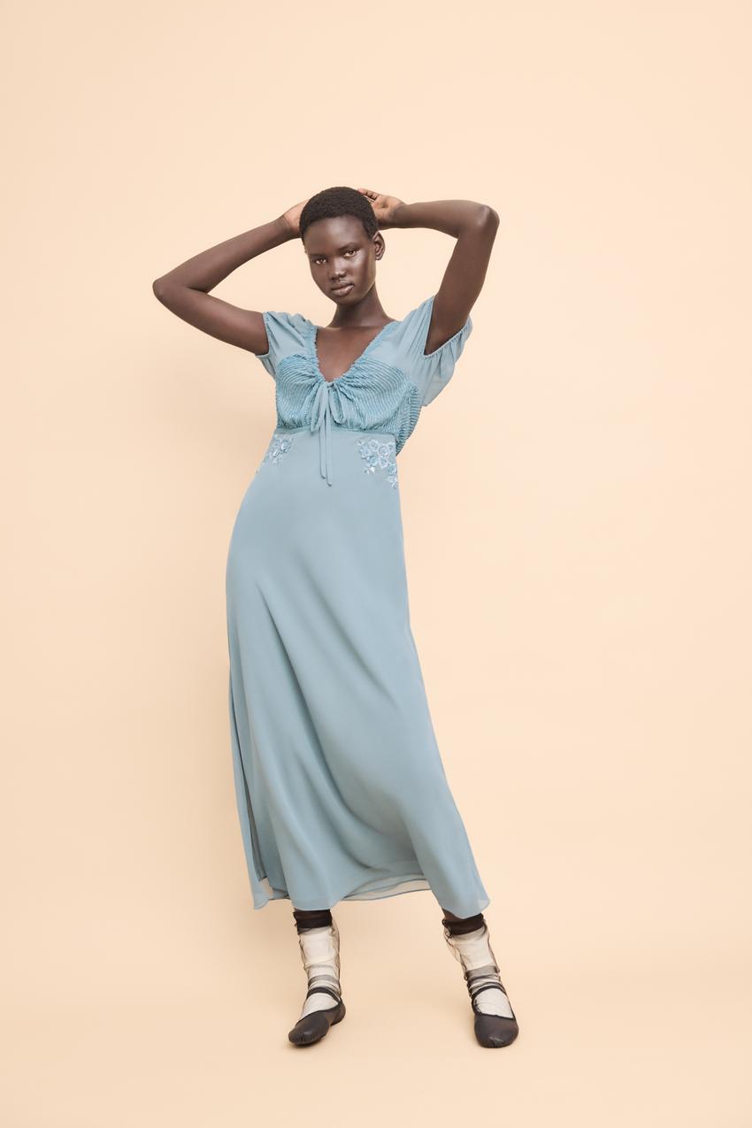 刺繍＆スパンコール＆ビーズ付きワンピース - ミディアムブルー | ZARA  