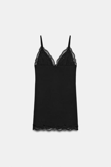 ROBE COURTE À BRETELLES EN DENTELLE - Noir de Zara