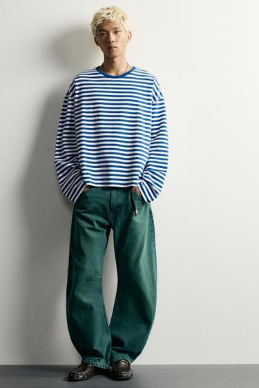 STRIPED RELAXED FIT LONG SLEEVE T-SHIRT - Blue/White by Zara