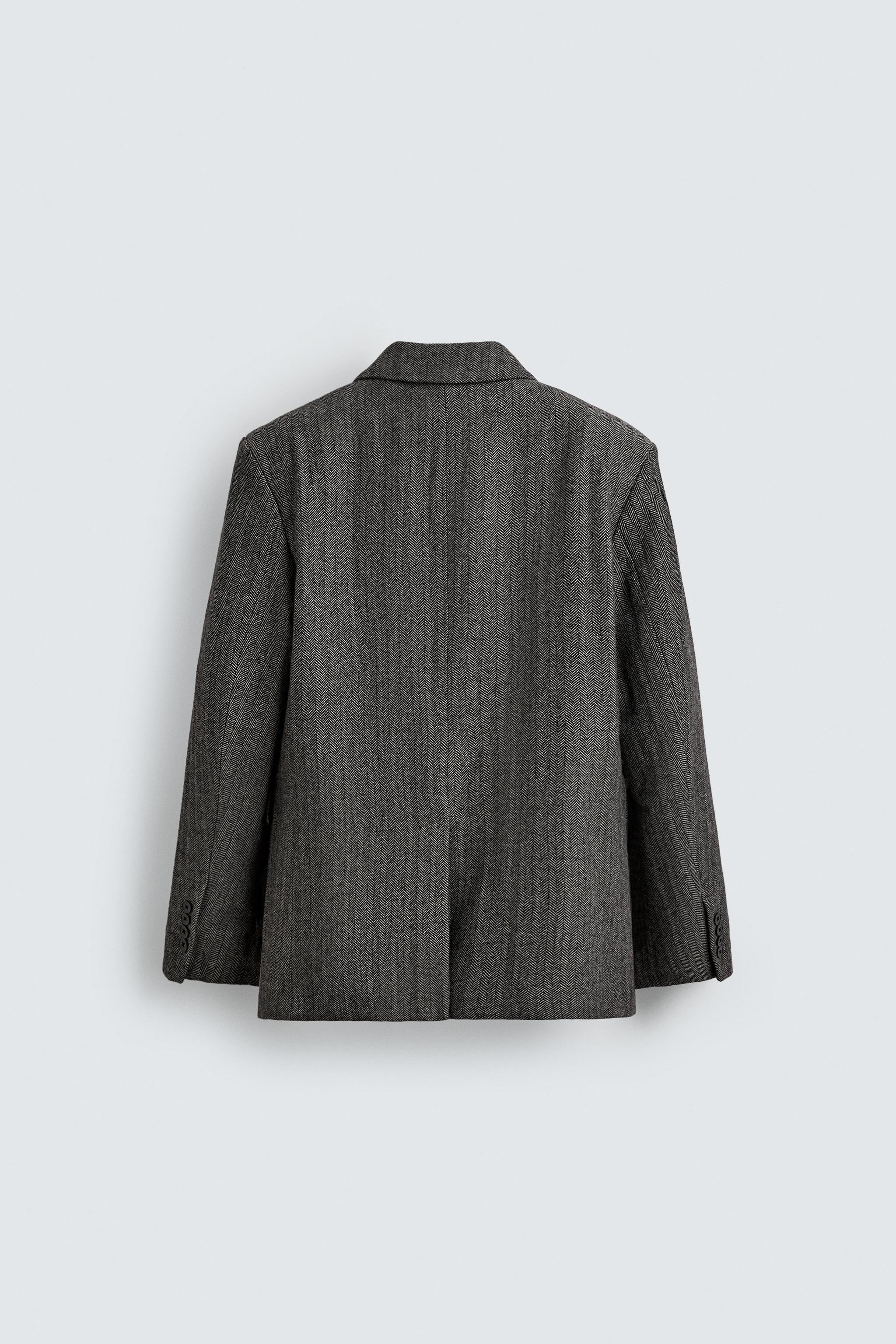 ZARAグレーヘリンボンウールブレザーM ZARA - ZARA ヘリンボーンウールブレンドストレートブレザーの通販 by