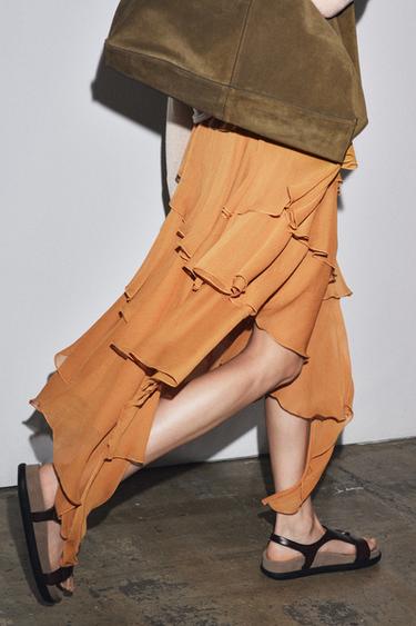 JUPE MIDI À VOLANTS ASYMÉTRIQUES ZW COLLECTION - Orange de Zara