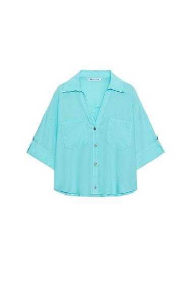 LINEN BLEND SHORT SHIRT - Turquoise by Zara