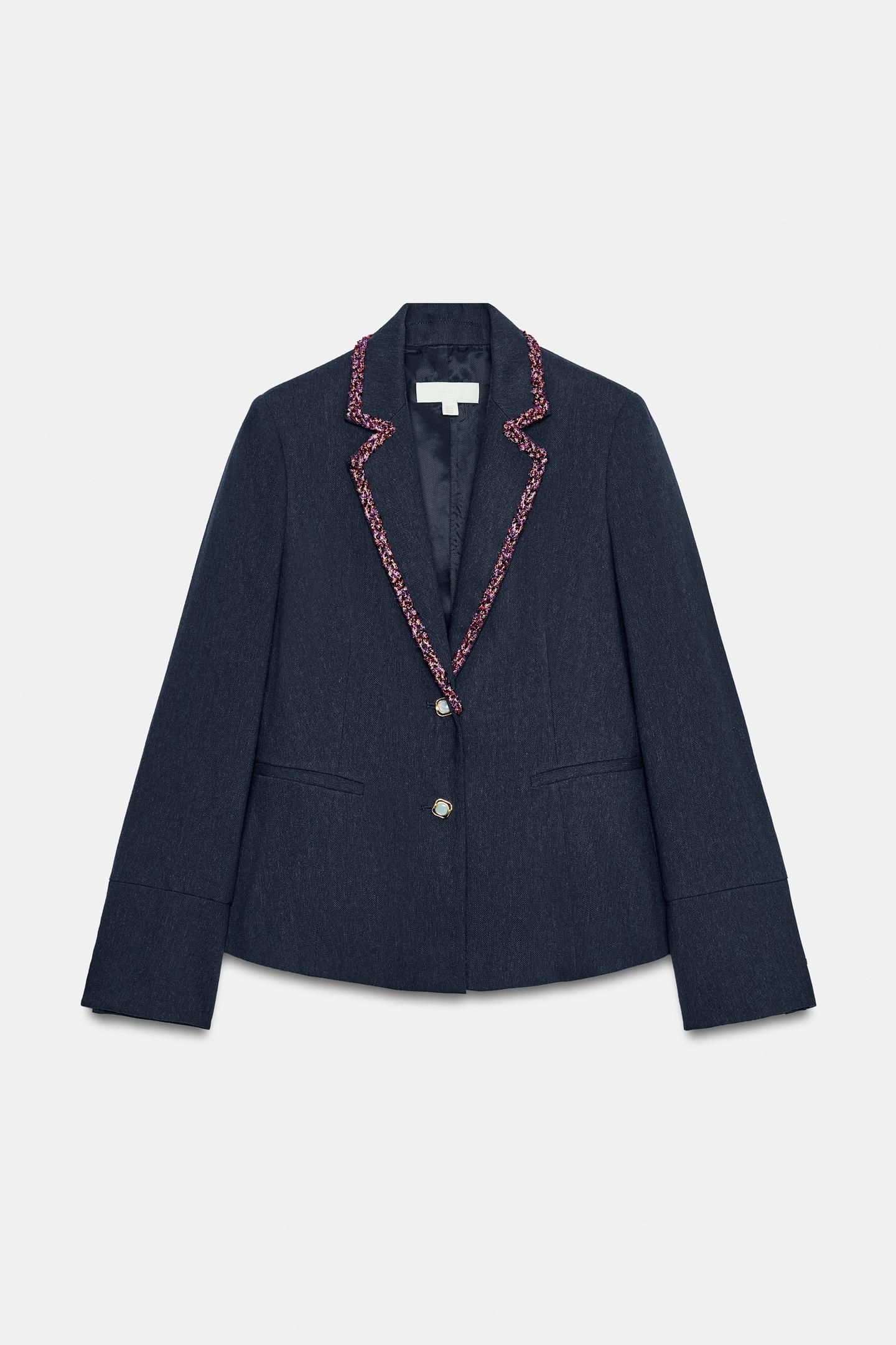 Женский пиджак Zara Contrast Trim Lapel Blazer, цвет: Синий — фото 7