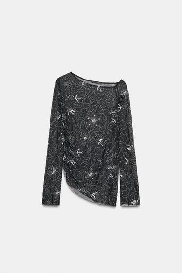 DRAPED TULLE TOP WITH BEADED EMBROIDERY - Black by Zara