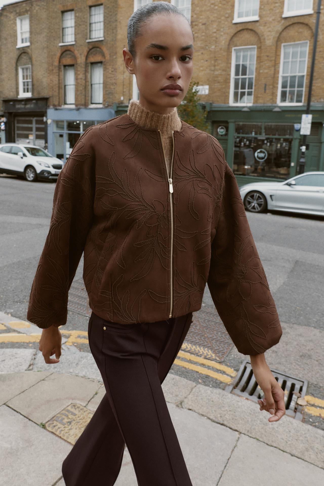 EMBROIDERED FAUX SUEDE BOMBER JACKET
