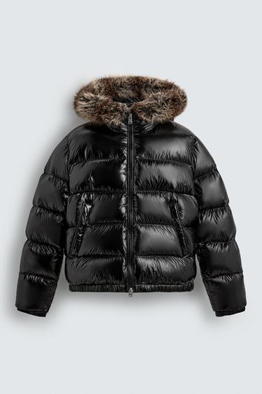 Zara 100% FEATHER PUFFER JACKET WITH HOODIE - Black
