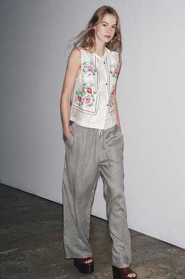 Zara 100% LINEN PALAZZO PANTS ZW COLLECTION - Light gray