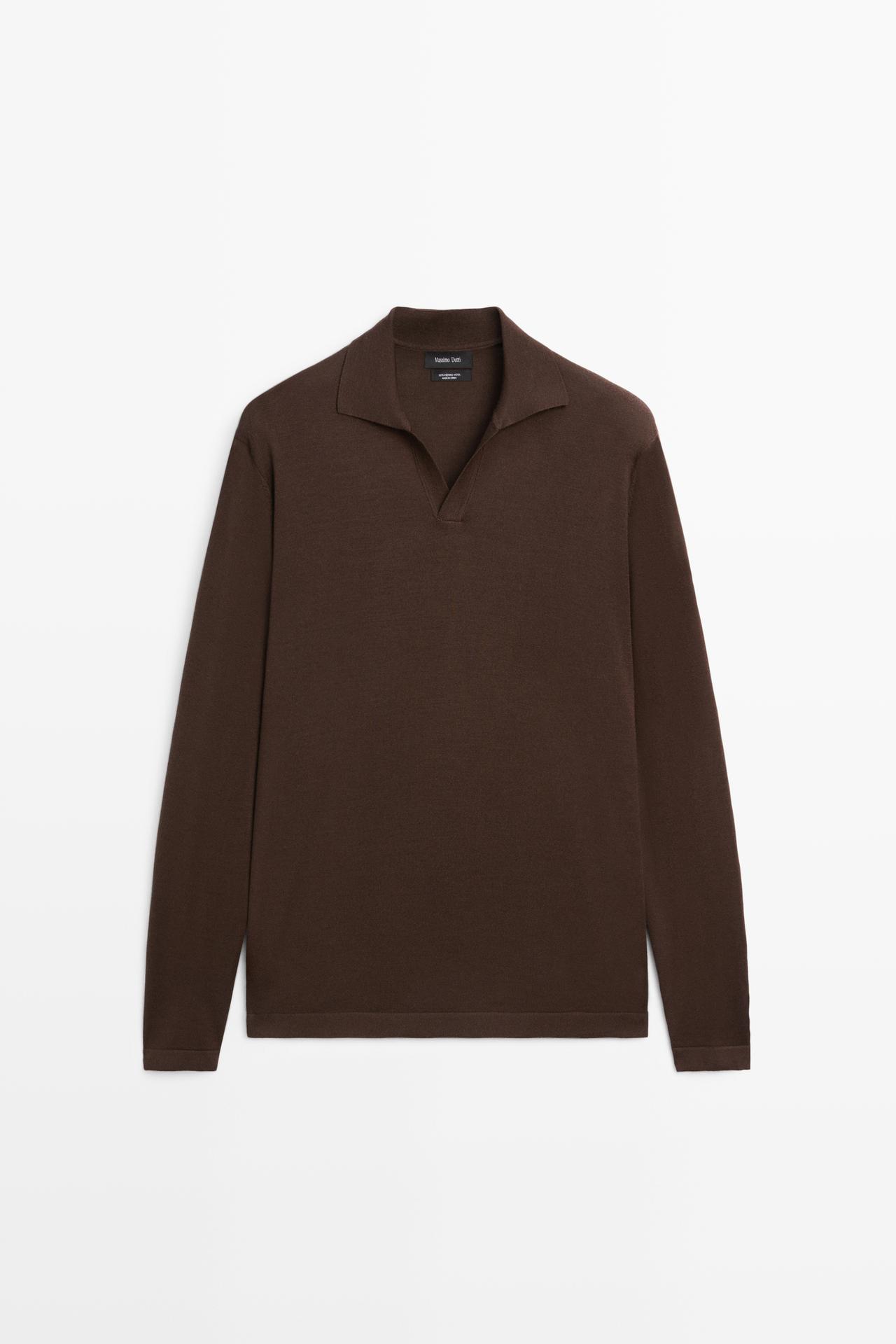 100% merino wool knit polo sweater — Brown / Taupe