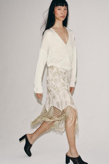 ZW COLLECTION EMBROIDERED FRINGED SKIRT - Ecru by Zara - Image 2