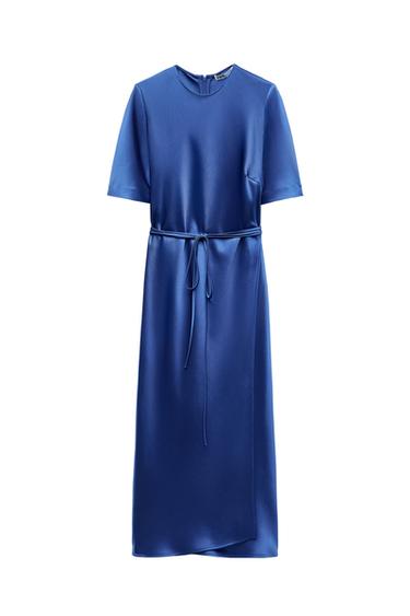 Front view of a blue dress with a waist tie and short sleeves.