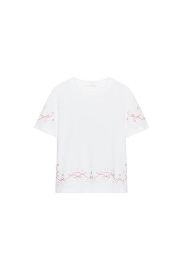 ТЕНИСКА С КОНТРАСТНИ БРОДЕРИИ - Бял от Zara