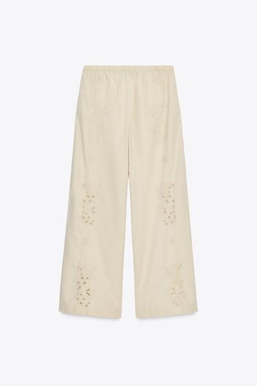 PANTALON PYJAMA BRODÉ - Gris taupe de Zara - Image 4