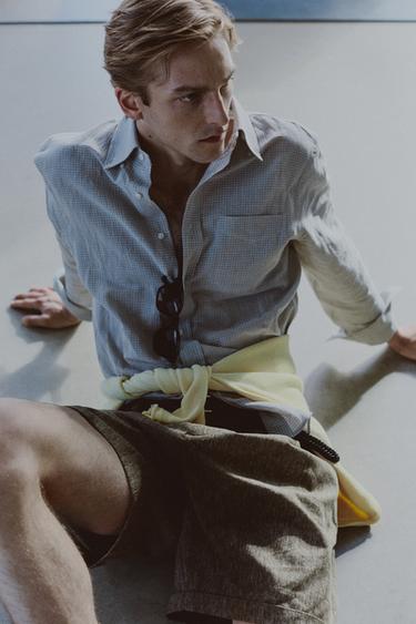 Zara 亞麻棉質格紋襯衫 - 淺灰色