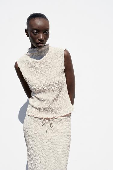 TEXTURED HIGH NECK TOP - Ecru by Zara
