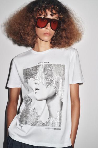 T-SHIRT WITH METALLIC PRINT - Silver by Zara