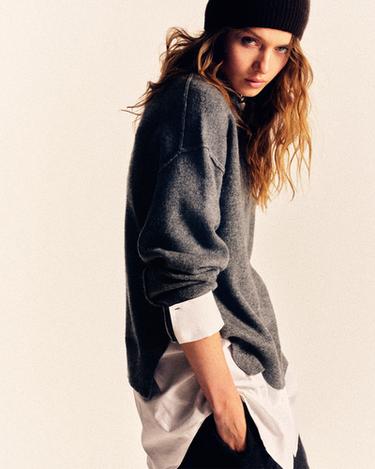 KNIT JUMPER WITH CONTRAST POPLIN - White / Grey by Zara